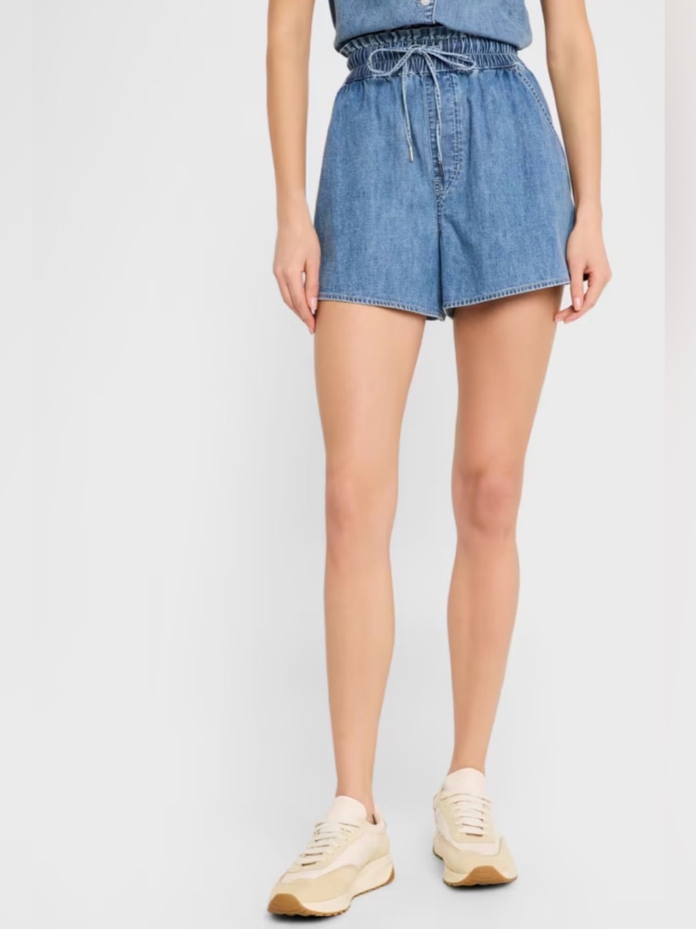 $278 Veronica Beard Wilder Paperbag Denim Shorts High Rise Drawstring XS EUC